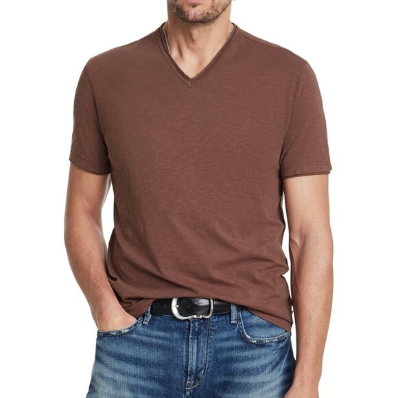 John Varvatos Men's Short Sleeve Miles Raw Edge Slub V Neck T-Shirt Mauvewood - Picture 1 of 3